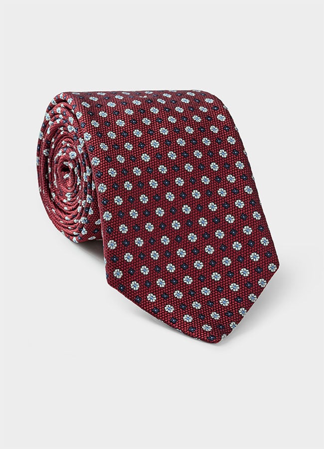Темно-красный галстук из шелкового жаккарда с синим цветочным узором