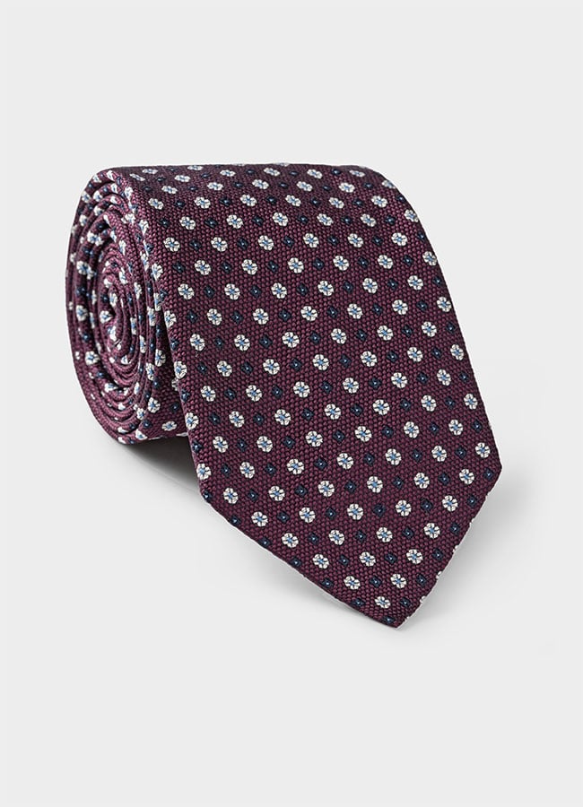 Бордовый галстук из шелкового жаккарда с синим цветочным узором